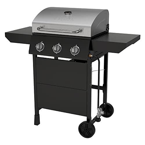 Nexgrill Premium 3 Burner Propane Barbecue Gas Grill, Side Table Open Cart with Wheels, Outdoor Cooking, Patio, Garden Barbecue Grill, 27000 BTUs, Black and Silver - CookCave