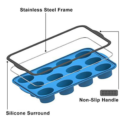 Aichoof Non-Stick Silicone Muffin Pan With Reinforced Stainless Steel Frame Inside,12 Cup Regular Muffin Baking Mold, 12 Cup Muffin Tin, BPA Free,Dishwasher Safe, Blue - CookCave