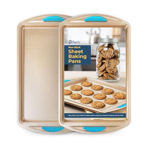 Perlli Cookie Sheet Baking Pan 2 Piece Set, Gold Nonstick Trays with Blue Silicone Hand Grips Oven Bakeware Pans Set, Premium Quality Carbon Steel Baking Tray Sheets - CookCave