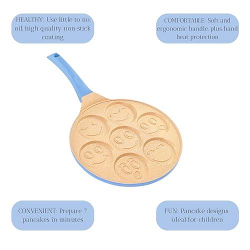 Erreke Nonstick Pancake Pan, 7 Smiley Face Pancake Griddle, Soft Touch Handle Fun Breakfast for Kids, 10.2 in Crepe Pan for Gas Stoves (Blue Color) - CookCave