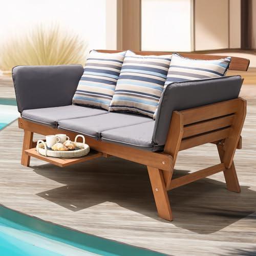 Idzo Amelie Eucalyptus Convertible Outdoor Sofa, 750lbs Capacity Patio Couch with Folding Armrest & Coffee Tray, FSC Certified Wood Furniture Set with 3 Pillows, High Static Load - Gray - CookCave