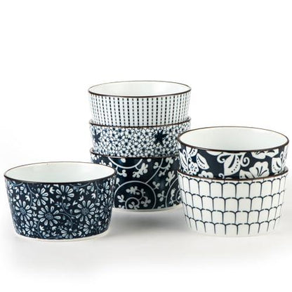 JOBNTZ Ceramic Ramekins for Creme Brulee, 6 oz Ramekins Versatile Custard Cups, Souffle Dishes, Pudding Cups, and Ice Cream Bowls Baking Ramiken Bowls in Set of 6 Oven-Safe, Blue and White Porcelain. - CookCave