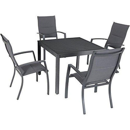 Hanover Naples 5-Piece Outdoor Dining Set with 38'' Rust-Free Aluminum Square Dining Table with 4 Grey Stackable Sling Chairs, Modern Space Saving All-Weather Outdoor Patio Furniture for Backyard - CookCave