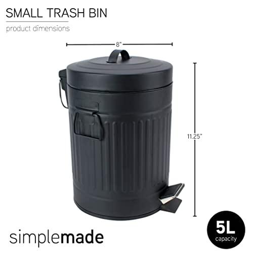 SIMPLEMADE Round Step Trash Can, Stainless Steel with Lid, Small Metal Wastebasket / Garbage Can For Bathroom, Office, Black, 5 Liter / 1.3 Gallon - - CookCave