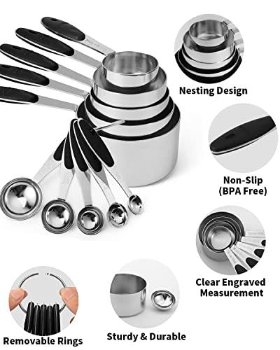 Joyhill Stainless Steel Measuring Cups and Spoons Set of 10 Piece, Nesting Metal Measuring Cups Set with Soft Touch Silicone Handles for Dry and Liquid Ingredients, Cooking & Baking (Black) - CookCave