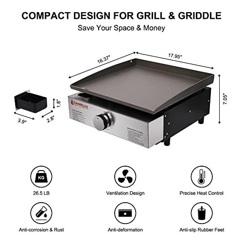 Camplux Propane Gas Griddle Grill, 15,000 BTU Griddle Grill Combo, Portable Camping Griddle Station 17 Inches with 20 lb and RV Regulator for Camping, RV Picnic and Tailgating - CookCave