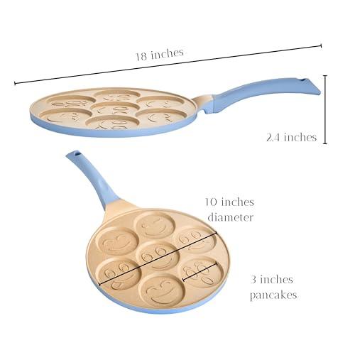 Erreke Nonstick Pancake Pan, 7 Smiley Face Pancake Griddle, Soft Touch Handle Fun Breakfast for Kids, 10.2 in Crepe Pan for Gas Stoves (Blue Color) - CookCave