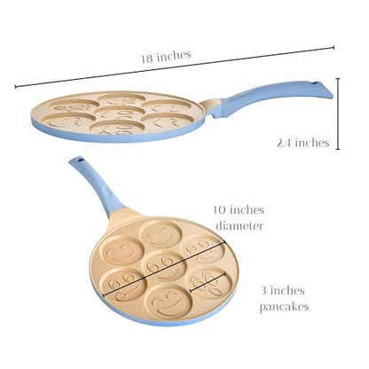 Erreke Nonstick Pancake Pan, 7 Smiley Face Pancake Griddle, Soft Touch Handle Fun Breakfast for Kids, 10.2 in Crepe Pan for Gas Stoves (Blue Color) - CookCave