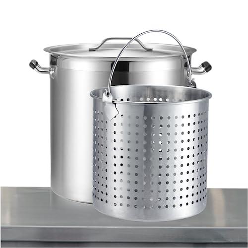 CURTA 32 Quart Large Stock Pot with Lid and Basket, NSF Listed, 3-Ply 18/8 Stainless Steel Cooking Pot, Commercial Cookware for Soup, Stew & Sauce, Riveted Silicone Handle - CookCave