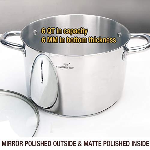 HOMICHEF Stock Pot 6 Quart Nickel Free Stainless Steel - 6 Quart Pot With Lid and Handle - 6Qt Saucepan With Lid - Soup Pot Small Cooking Pot 6 Quart - 6 Qt Pot With Glass Lid - Induction Pot With Lid - CookCave