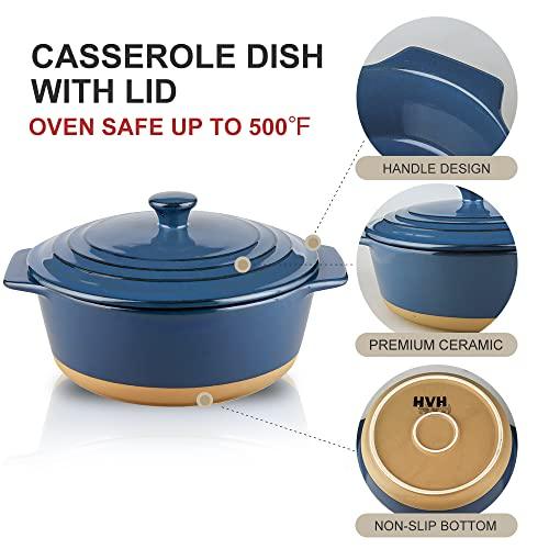HVH Ceramic Casserole Dish with Lid Oven Safe, 2 Quart Round Casserole Dish Set, 9 Inches Round Baking Dish with Lid Oven Safe, Deep Baking Dishes for Oven with Lids for Party, Farmhouse Style (Blue) - CookCave