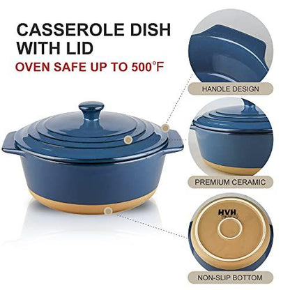 HVH Ceramic Casserole Dish with Lid Oven Safe, 2 Quart Round Casserole Dish Set, 9 Inches Round Baking Dish with Lid Oven Safe, Deep Baking Dishes for Oven with Lids for Party, Farmhouse Style (Blue) - CookCave