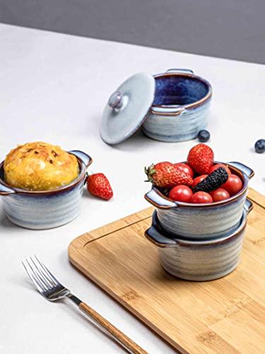 Henten Home Ceramic 8 oz Ramekins with Lid, Porcelain Mini Cocotte with Handle Set of 4, Reactive Glaze Samll Casseroles Dishfor Baking, Custard Cup, Pudding, Crème brûlée (Light Blue) - CookCave