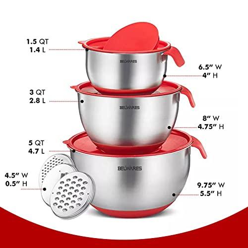 Belwares Mixing Bowls with Lids Set - Nesting Bowls with Graters, Handle, Pour Spout, Airtight Lids - Stainless Steel Non-Slip Mixing Bowl for Cooking, Baking, Prepping, Food Storage (Set of 3) - CookCave