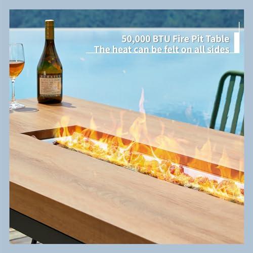 fissfire 76 inch Height-Adjustable Propane Fire Pit Table, 50,000 BTU Rectangle Steel Gas Fire Pit with Separate Propane Tank Cover, Lava Rock, Lid, Waterproof Cover for Patio and Garden, Brown - CookCave