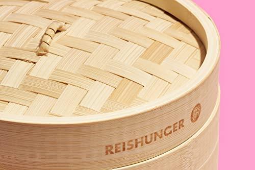 Reishunger Bamboo Steamer Handmade Basket, Traditional 2-Tier Design - 8 Inch - for Dumplings, Rice, Dim Sum, Vegetables, Fish and Meat - Incl. 2 Cotton Cloths - CookCave