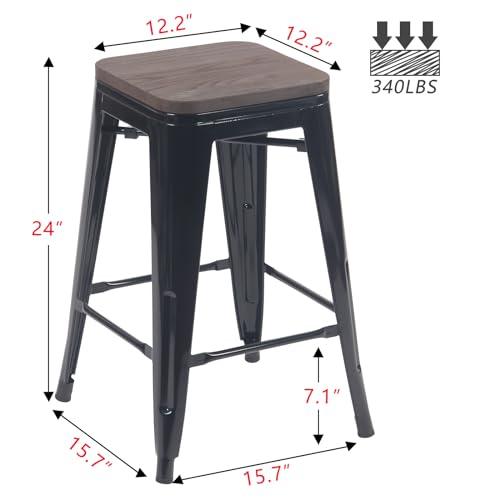 YOUNIKE Metal Bar Stools Set of 4 Counter Height Barstool Backless Stackable 24 Inches Wooden Seat Heavy-Duty Modern Bar Chairs Patio Home Kitchen Dining Indoor Outdoor (Black) - CookCave