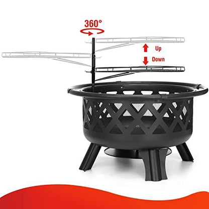 SINGLYFIRE 30 Inch Fire Pits for Outside with Grill Outdoor Wood Burning Firepit Large Steel Firepit Bowl for Patio Backyard Picnic Garden with Swivel BBQ Grill, Ash Plate,Spark Screen, Poker - CookCave