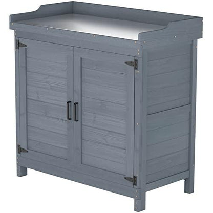 GOOD LIFE USA Outdoor Garden Patio Wooden Storage Cabinet Furniture Waterproof Tool Shed with Potting Benches Outdoor Work Station Table (Gray) - CookCave
