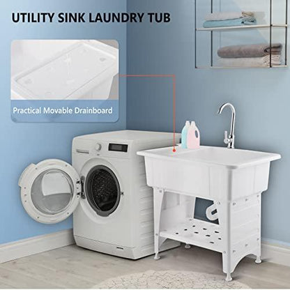 VINGLI Utility Sink Laundry Tub for Washing Room, Freestanding Utility Sink with Stainless Steel Faucet, (White, 32.3"W x 22.4" D x 43.3"H) - CookCave