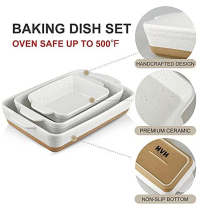 HVH Baking Dish Set, 9x13 Baking Dish, Large Casserole Dish Set, Ceramic Lasagne Pan Deep, Baking Dishes for Casseroles 13 x 9, Ceramic Bakeware Set of 3, Farmhouse Style (White) - CookCave