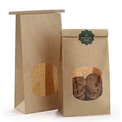 BagDream Bakery Bags with Window Kraft Paper Bags 50Pcs 4.5x2.36x9.6 Inches Tin Tie Tab Lock Bags Brown Window Bags Cookie Bags, Coffee Bags - CookCave