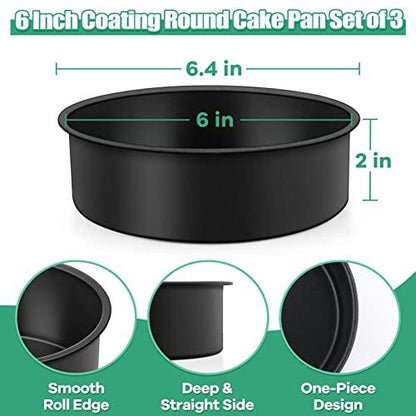 TeamFar 6 Inch Cake Pan, Round Baking Layer Cake Pan Set of 3, with Non-Stick Coating Stainless Steel Core for Birthday, Party, Wedding, Healthy & Heatproof, Release Easily & Easy Clean - CookCave