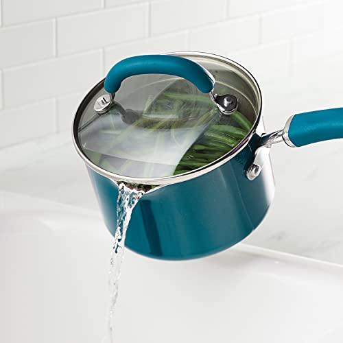 Rachael Ray 12020 Create Delicious Nonstick Sauce Pan / Saucepan with Straining and Lid, 3 Quart - Teal Shimmer - CookCave