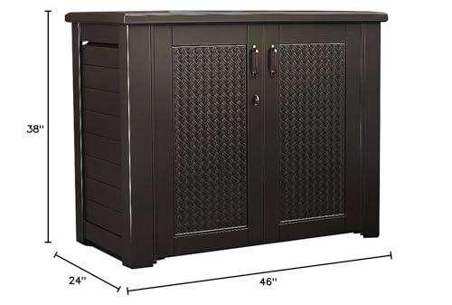 Rubbermaid Extra Large Decorative Patio Storage Cabinet, Weather Resistant, 123 Gal., Dark Teakwood, for Garden/Backyard/Home/Pool - CookCave