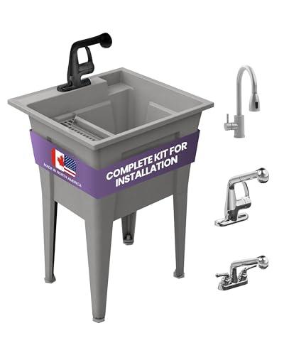 Utility Sink with One-Handle Matte Black Plastic Faucet – Polypropylene Laundry Sink, Grey Garage Sink, Indoor & Outdoor Use – Complete Sink Set by Noah William Home (24” X 22” X 34” 19.5 Gallons) - CookCave