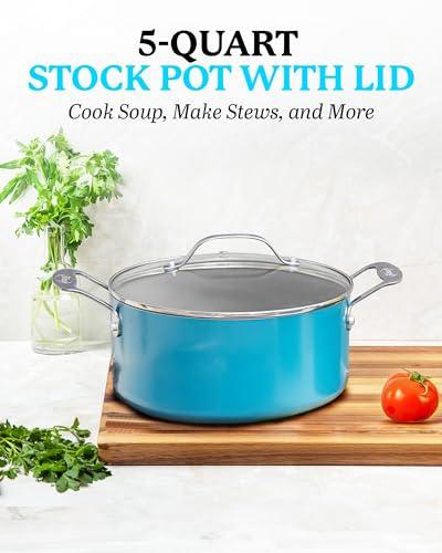 Gotham Steel Aqua Blue Nonstick 5 Quart Pot, Multipurpose Nonstick Stock Pot, Pasta Pot, Oven Safe Cooking Pot with Glass Lid, Pot for Stew, Sauce & Reheat Food, Dishwasher Safe, PFOA Free - CookCave