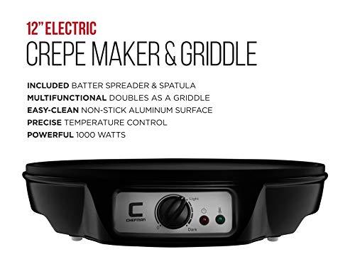 CHEFMAN Electric Crepe Maker: Precise Temp Control, 12" Non-Stick Griddle, Perfect for Crepes, Tortillas, Blintzes, Pancakes, Waffles, Eggs, Bacon, Batter Spreader & Spatula Included, Black - CookCave