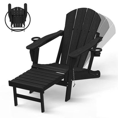 BRIOPAWS Folding Adirondack Chair with Adjustable Backrest & Ottoman, Wood Texture All-Weather HDPE Outdoor Chairs w/Cup Holders & Retractable Footrest for Poolside, Fire Pit, Campfire, Deck, Black - CookCave