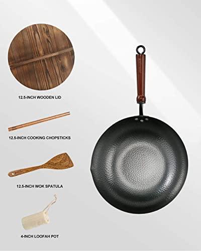 Bielmeier Wok Pan 12.5", Woks and Stir Fry Pans with lid, Carbon Steel Wok with Cookware Accessories, Wok with Lid Suits for all Stoves(Flat Bottom Wok) - CookCave