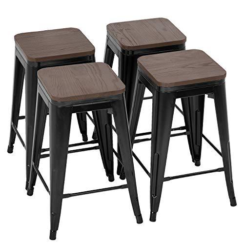 FDW 24 Inches Metal Bar Stools Set of 4 Counter Height Wood Seat Barstool Patio Stool Stackable Backless Stool Indoor Outdoor Metal Kitchen Stools Bar Chairs (Black) - CookCave