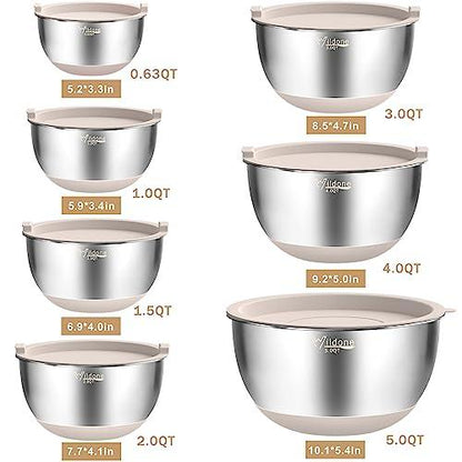 27-Piece Stainless Steel Nesting Mixing Bowl Set with Lids, Graters, Measurement Marks - CookCave