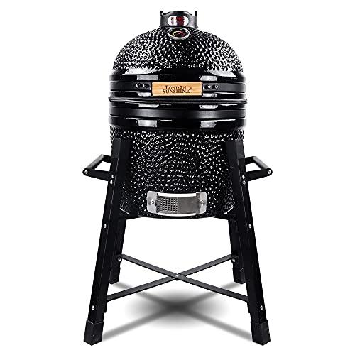 London Sunshine Ceramic Kamado Charcoal BBQ Grill -The Junior Series with Tall Stand (Black) - CookCave