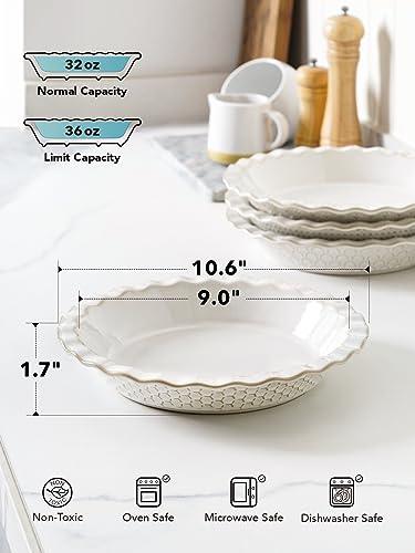 LE TAUCI Ceramic Pie Pans for Baking, 9 Inches Pie Plate for Apple Pie, Round Baking Dish, 36 Ounce Deep Dish Pie Pan - Set of 1, Honey Comb, Arctic White - CookCave