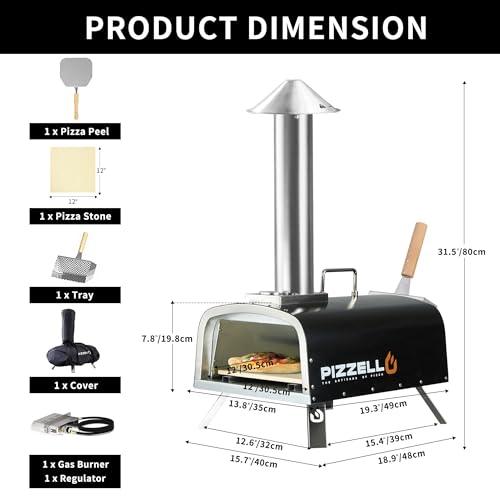 PIZZELLO 12" Outdoor Pizza Oven Propane & Wood Fired Pizza Maker Multi-Fuel Pizza Ovens with Gas Burner, Wood Tray, Stone, Pizza Peel, Cover, Forte Gas (Black) - CookCave
