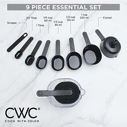 COOK WITH COLOR Measuring Cup Set - 9 PC. Nesting Stackable Liquid Measure Cup, Dry Measuring Cups and Spoons with Funnel and Scraper (Black) - CookCave