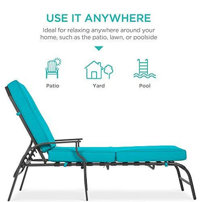 Best Choice Products Adjustable Outdoor Steel Patio Chaise Lounge Chair Furniture for Patio, Poolside w/ 5 Positions, UV-Resistant Cushions - Dark Gray/Teal - CookCave