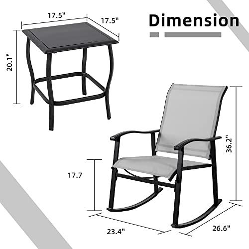 Vongrasig 3 Piece Outdoor Rocking Bistro Set, Textilene Fabric Small Patio Furniture Set, Front Porch Rocker Chairs Conversation Set with Glass Table for Lawn, Garden, Balcony, Poolside (Light Gray) - CookCave