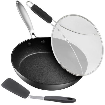 Frying Pans Nonstick - 10" Non Stick Frying Pan with Lid Splatter Screen - Lightweight Aluminum Fry Pan Skillet Includes Spatula - 2" Deep Egg Pan, PFAS-Free and PFOA Free, Dishwasher Safe, Oven Safe - CookCave