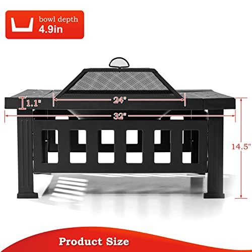 SINGLYFIRE 32 Inch Fire Pit Table for Outside Square Metal Firepit Outdoor Wood Burning Large Steel Bonfire Pit for Patio Backyard Garden with Waterproof Cover,Spark Screen,Log Grate,Poker - CookCave