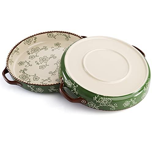 AVLA 2 Pack Ceramic Pie Pan, 9 Inch Round Baking Dish with Double Handle, 28 Ounce Deep Quiche Plate for Kitchen, Cooking, Roasting Lasagna (Sakura, Green) - CookCave