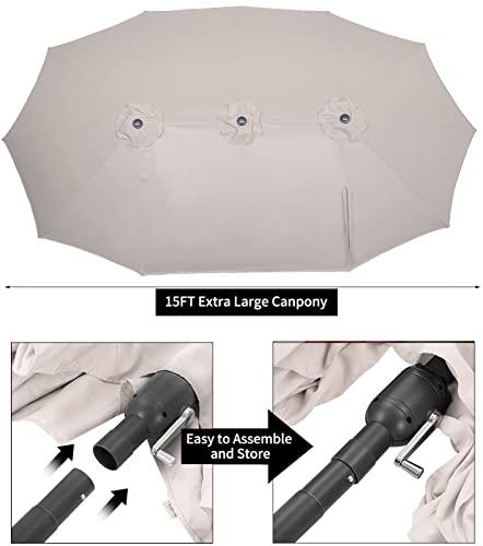 AECOJOY 15x9ft Double-Sided Patio Umbrella Outdoor Market Umbrella Large Sunbrella Table Umbrellas with Crank Air Vents for Deck Pool Patio (1.9" Pole,Beige) - CookCave