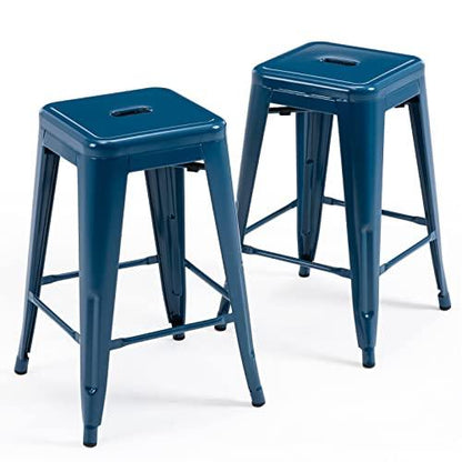 Vogue Furniture Direct 24 Inch Metal Bar Stools, Backless Counter Height Barstools, Indoor Outdoor Stackable Stools with Square Seat, Set of 2 (Deep Blue) - CookCave