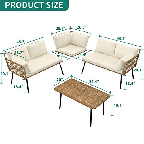 YITAHOME 4 Pieces Patio Furniture Set, Outdoor Rattan Woven Conversation Sectional L-Shaped Sofa with 5 Seater for Backyard, Porch, Boho Detachable Lounger with Cushions and Side Table - Beige - CookCave