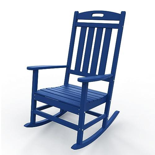 POLYDUN Outdoor Rocking Chair, Looks Like Wood, High Back Poly Lumber Patio Rocker Chair, 365Lbs Support, All-Weather Porch Rocking Chair for Lawn, Backyard, Indoor, Garden, Navy - CookCave