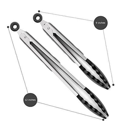 2 Pack Black Kitchen Tongs, Premium Silicone BPA Free Non-Stick Stainless Steel BBQ Cooking Grilling Locking Food Tongs, 9-Inch & 12-Inch - CookCave